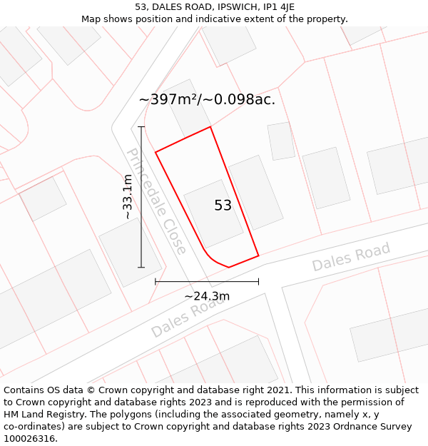 53, DALES ROAD, IPSWICH, IP1 4JE: Plot and title map