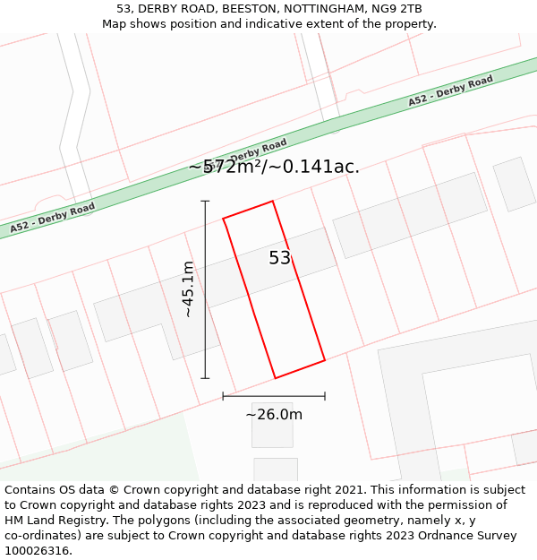 53, DERBY ROAD, BEESTON, NOTTINGHAM, NG9 2TB: Plot and title map