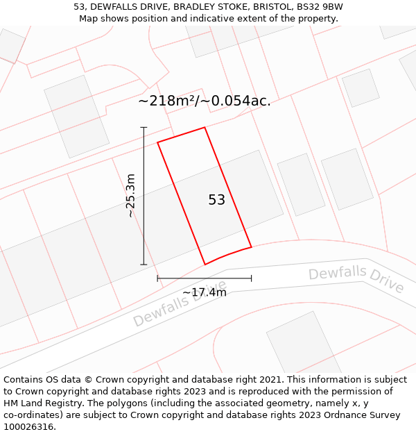 53, DEWFALLS DRIVE, BRADLEY STOKE, BRISTOL, BS32 9BW: Plot and title map