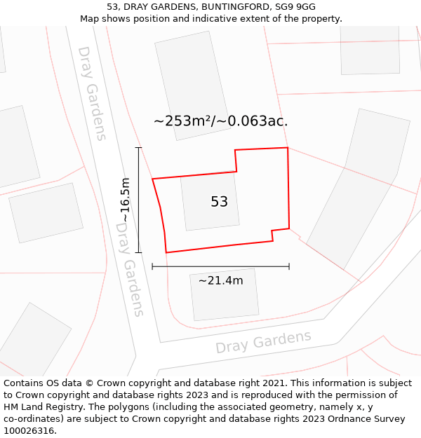 53, DRAY GARDENS, BUNTINGFORD, SG9 9GG: Plot and title map