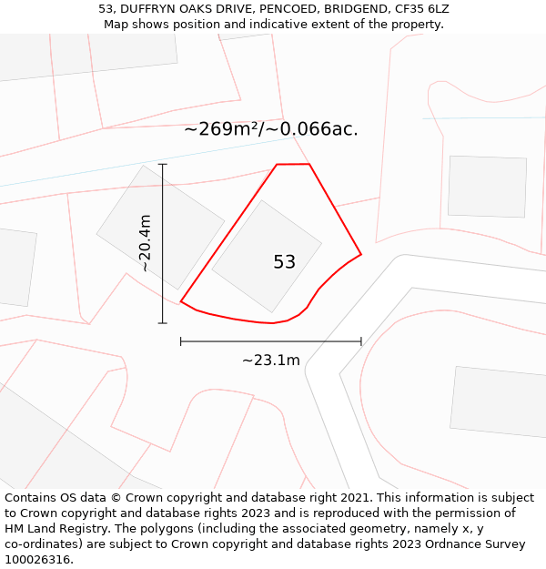 53, DUFFRYN OAKS DRIVE, PENCOED, BRIDGEND, CF35 6LZ: Plot and title map