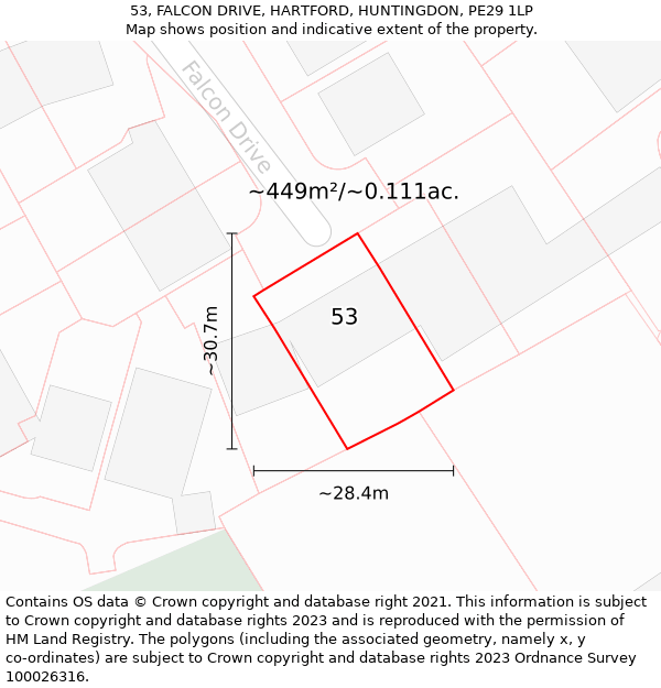 53, FALCON DRIVE, HARTFORD, HUNTINGDON, PE29 1LP: Plot and title map