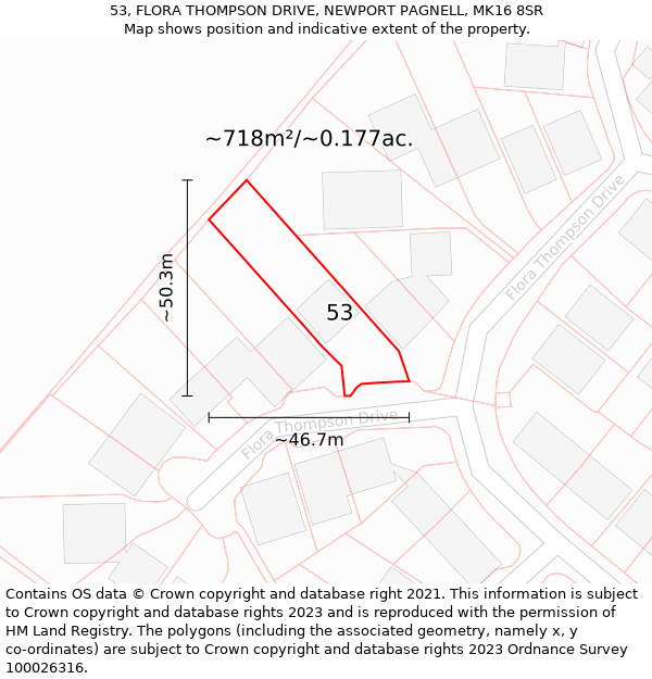 53, FLORA THOMPSON DRIVE, NEWPORT PAGNELL, MK16 8SR: Plot and title map