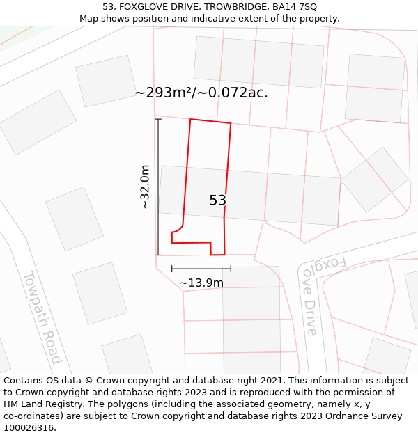 53, FOXGLOVE DRIVE, TROWBRIDGE, BA14 7SQ: Plot and title map