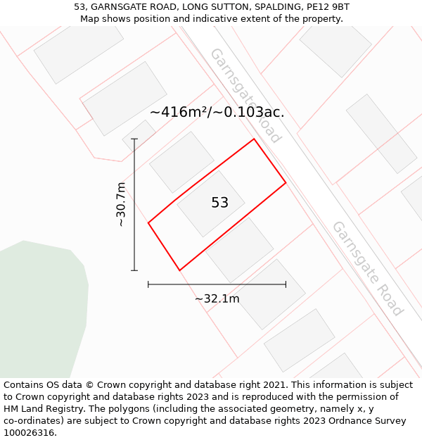 53, GARNSGATE ROAD, LONG SUTTON, SPALDING, PE12 9BT: Plot and title map