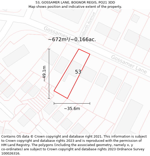 53, GOSSAMER LANE, BOGNOR REGIS, PO21 3DD: Plot and title map