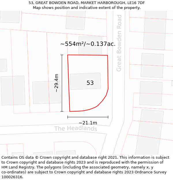 53, GREAT BOWDEN ROAD, MARKET HARBOROUGH, LE16 7DF: Plot and title map