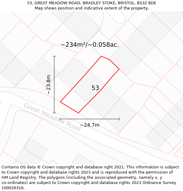 53, GREAT MEADOW ROAD, BRADLEY STOKE, BRISTOL, BS32 8DE: Plot and title map