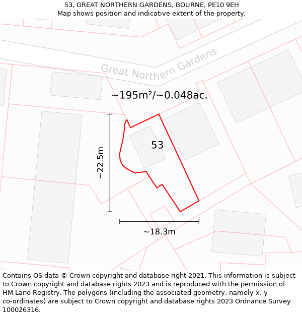 53, GREAT NORTHERN GARDENS, BOURNE, PE10 9EH: Plot and title map