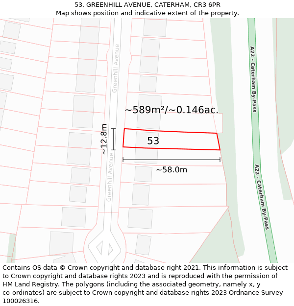 53, GREENHILL AVENUE, CATERHAM, CR3 6PR: Plot and title map