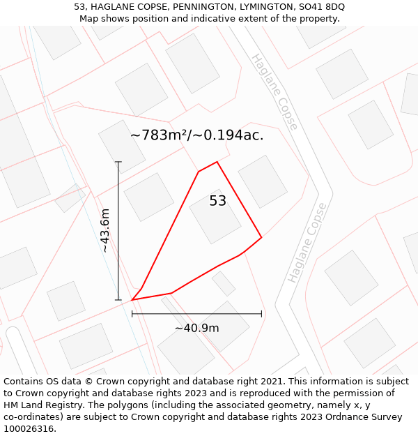 53, HAGLANE COPSE, PENNINGTON, LYMINGTON, SO41 8DQ: Plot and title map