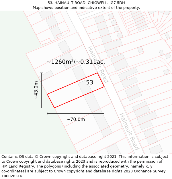 53, HAINAULT ROAD, CHIGWELL, IG7 5DH: Plot and title map