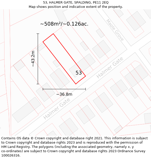 53, HALMER GATE, SPALDING, PE11 2EQ: Plot and title map