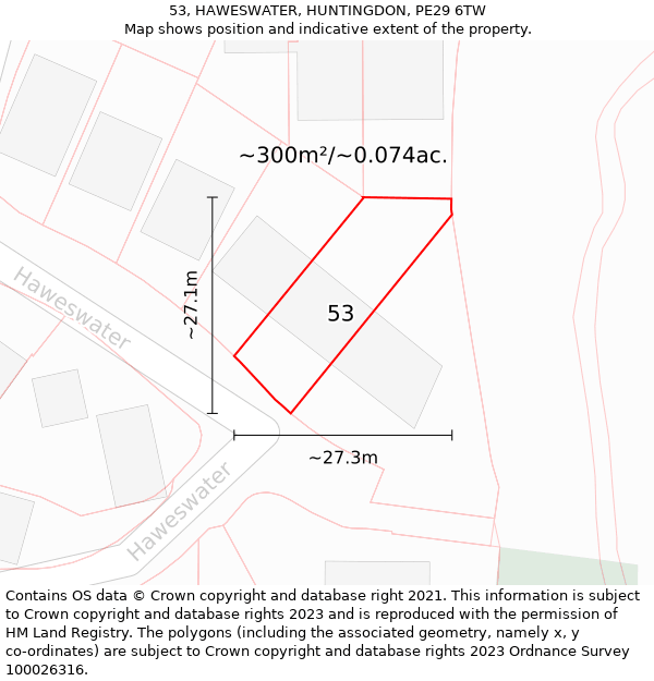 53, HAWESWATER, HUNTINGDON, PE29 6TW: Plot and title map