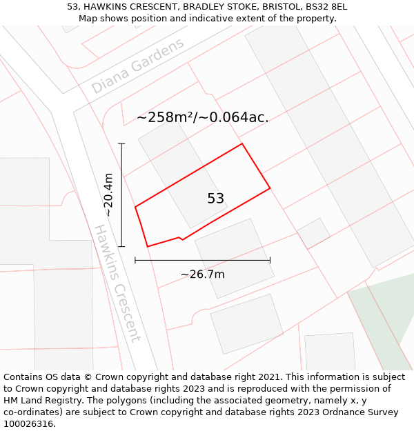 53, HAWKINS CRESCENT, BRADLEY STOKE, BRISTOL, BS32 8EL: Plot and title map