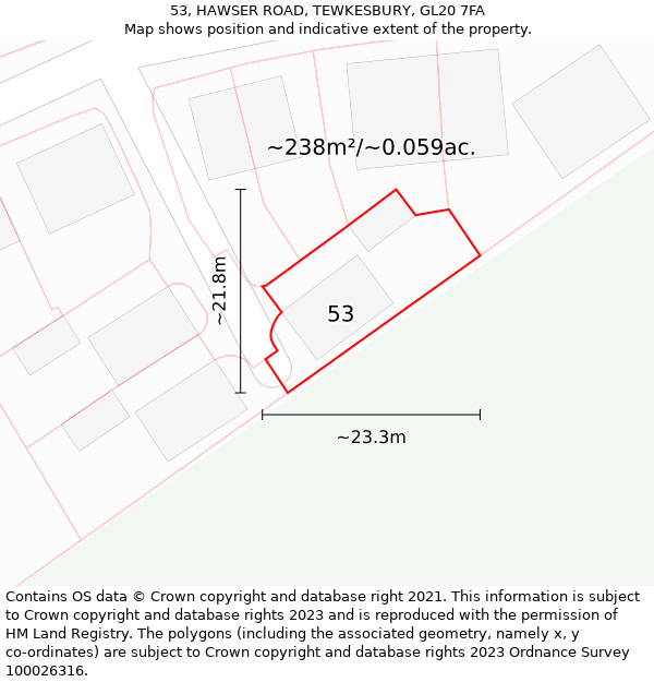 53, HAWSER ROAD, TEWKESBURY, GL20 7FA: Plot and title map