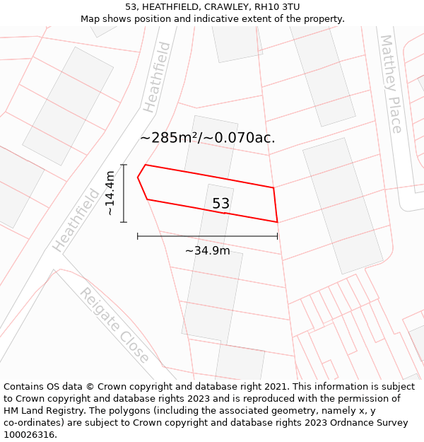 53, HEATHFIELD, CRAWLEY, RH10 3TU: Plot and title map