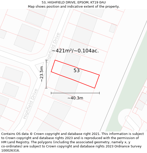 53, HIGHFIELD DRIVE, EPSOM, KT19 0AU: Plot and title map