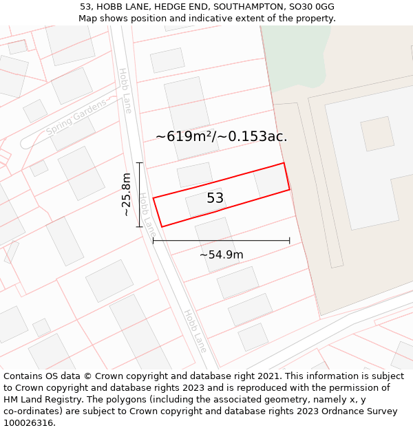 53, HOBB LANE, HEDGE END, SOUTHAMPTON, SO30 0GG: Plot and title map