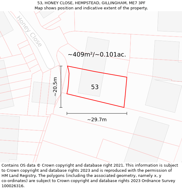 53, HONEY CLOSE, HEMPSTEAD, GILLINGHAM, ME7 3PF: Plot and title map