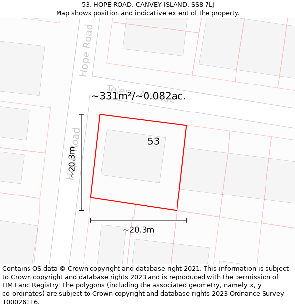 53, HOPE ROAD, CANVEY ISLAND, SS8 7LJ: Plot and title map