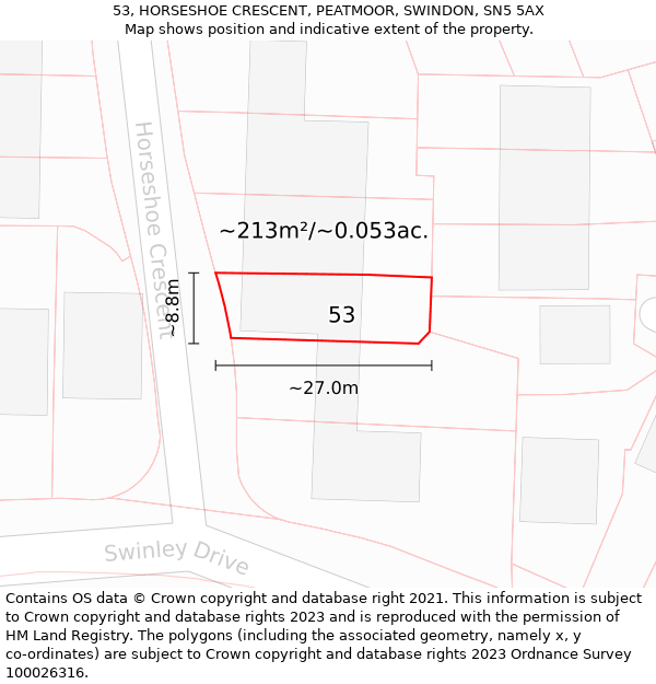 53, HORSESHOE CRESCENT, PEATMOOR, SWINDON, SN5 5AX: Plot and title map