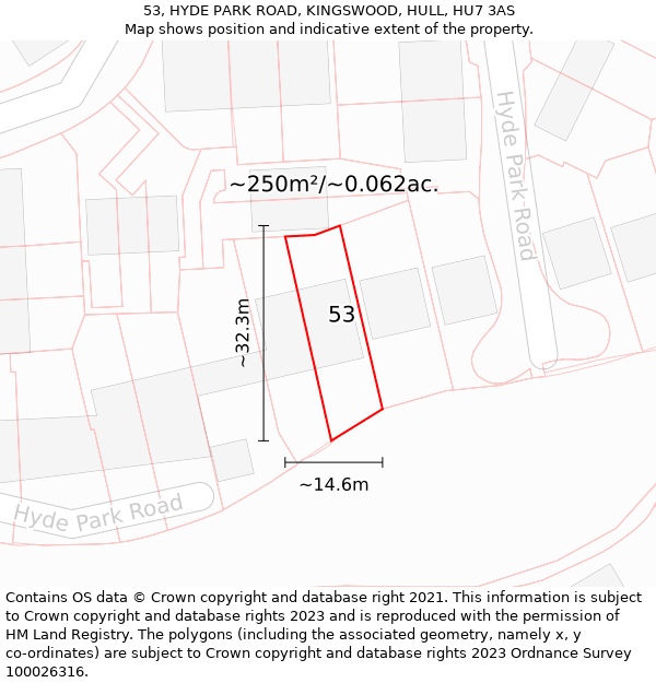 53, HYDE PARK ROAD, KINGSWOOD, HULL, HU7 3AS: Plot and title map