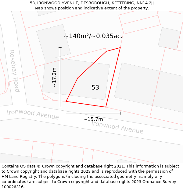 53, IRONWOOD AVENUE, DESBOROUGH, KETTERING, NN14 2JJ: Plot and title map