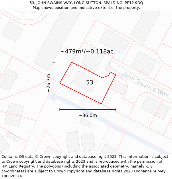 53, JOHN SWAINS WAY, LONG SUTTON, SPALDING, PE12 9DQ: Plot and title map