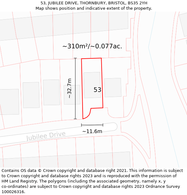 53, JUBILEE DRIVE, THORNBURY, BRISTOL, BS35 2YH: Plot and title map