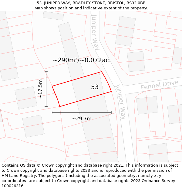 53, JUNIPER WAY, BRADLEY STOKE, BRISTOL, BS32 0BR: Plot and title map