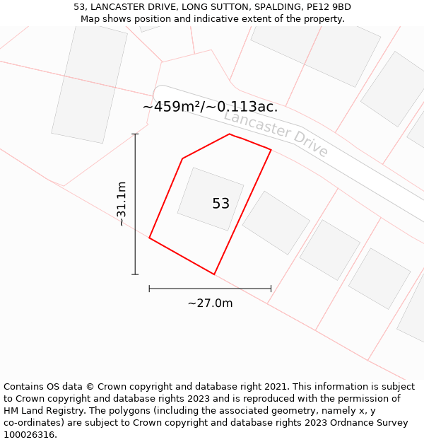 53, LANCASTER DRIVE, LONG SUTTON, SPALDING, PE12 9BD: Plot and title map