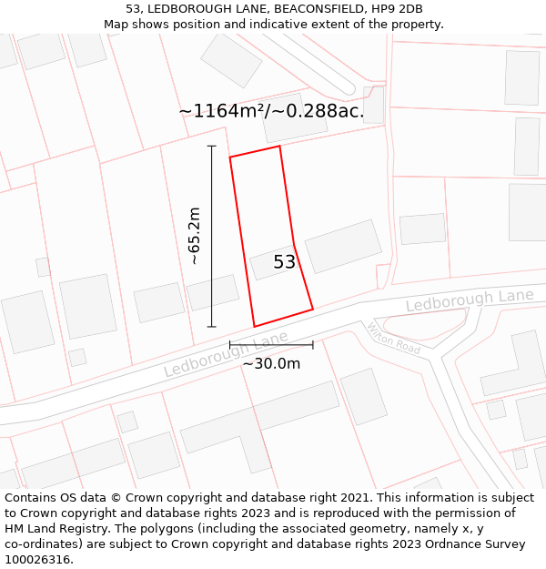 53, LEDBOROUGH LANE, BEACONSFIELD, HP9 2DB: Plot and title map