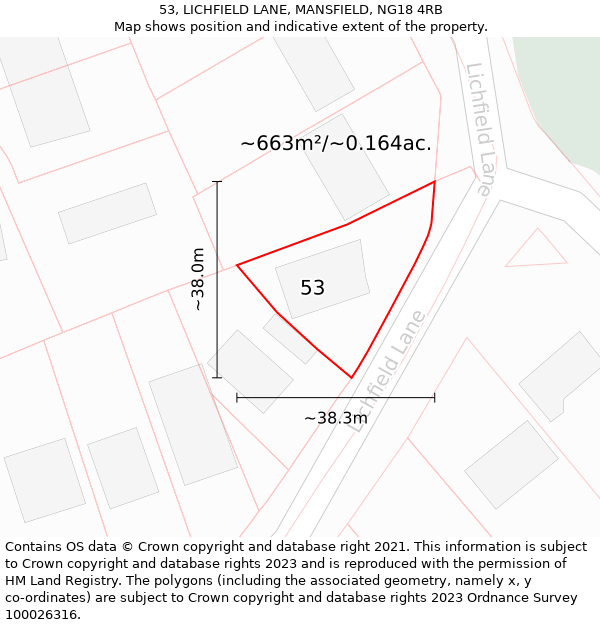 53, LICHFIELD LANE, MANSFIELD, NG18 4RB: Plot and title map