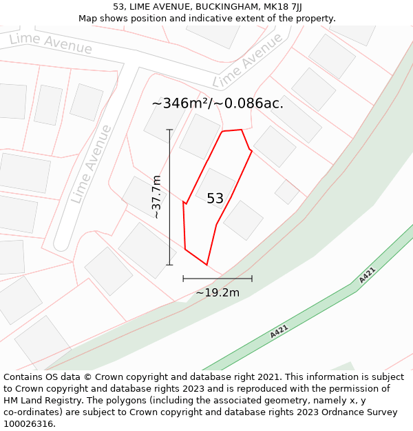 53, LIME AVENUE, BUCKINGHAM, MK18 7JJ: Plot and title map