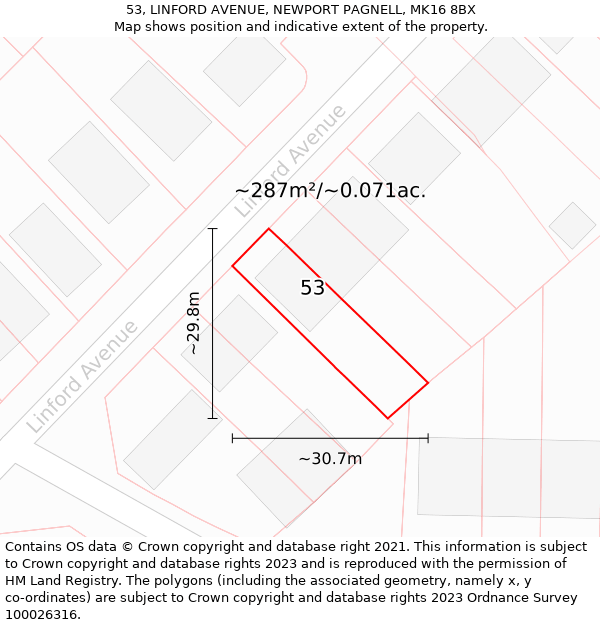 53, LINFORD AVENUE, NEWPORT PAGNELL, MK16 8BX: Plot and title map