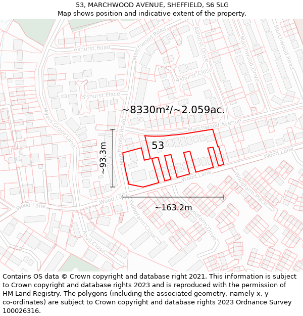 53, MARCHWOOD AVENUE, SHEFFIELD, S6 5LG: Plot and title map