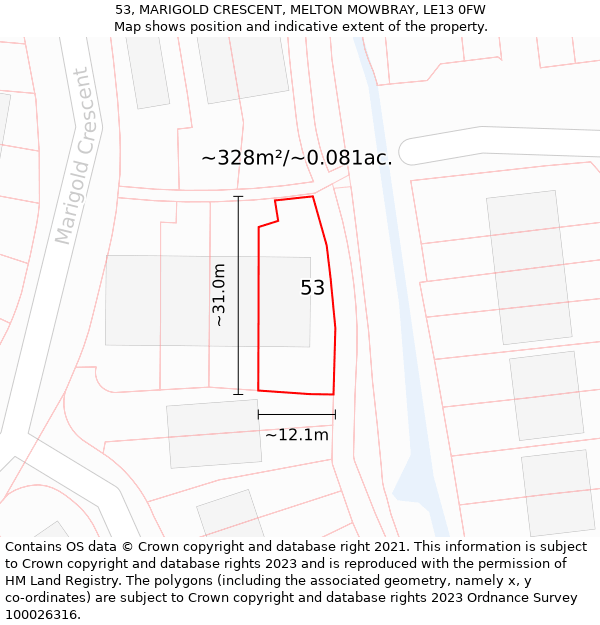 53, MARIGOLD CRESCENT, MELTON MOWBRAY, LE13 0FW: Plot and title map