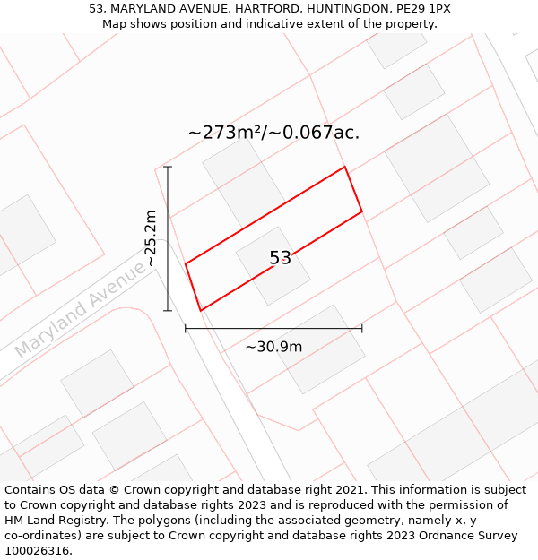 53, MARYLAND AVENUE, HARTFORD, HUNTINGDON, PE29 1PX: Plot and title map