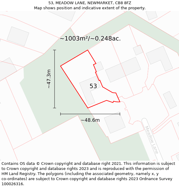 53, MEADOW LANE, NEWMARKET, CB8 8FZ: Plot and title map