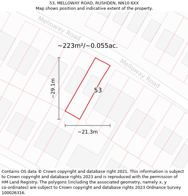 53, MELLOWAY ROAD, RUSHDEN, NN10 6XX: Plot and title map