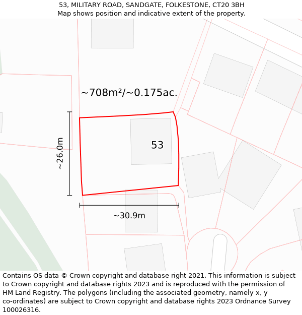 53, MILITARY ROAD, SANDGATE, FOLKESTONE, CT20 3BH: Plot and title map