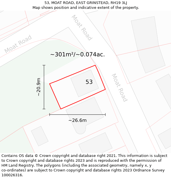 53, MOAT ROAD, EAST GRINSTEAD, RH19 3LJ: Plot and title map