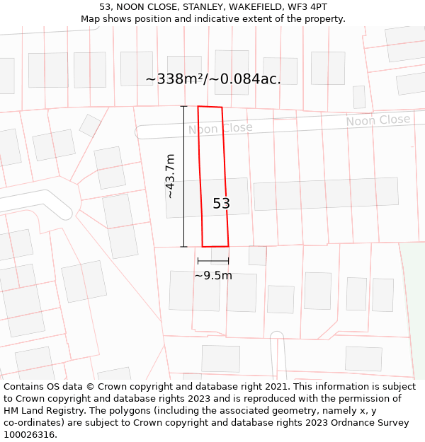 53, NOON CLOSE, STANLEY, WAKEFIELD, WF3 4PT: Plot and title map