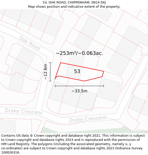 53, OAK ROAD, CHIPPENHAM, SN14 0XJ: Plot and title map