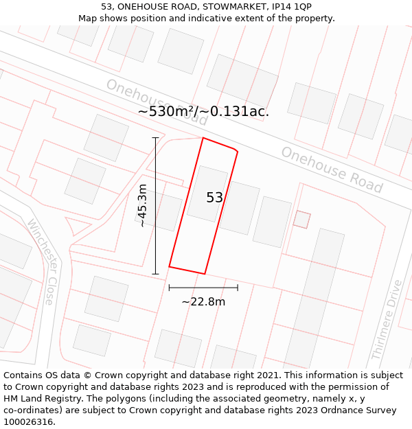 53, ONEHOUSE ROAD, STOWMARKET, IP14 1QP: Plot and title map