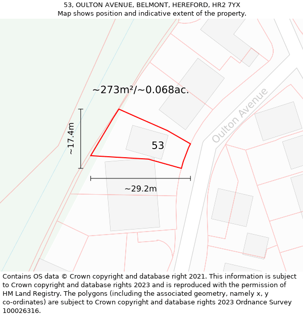 53, OULTON AVENUE, BELMONT, HEREFORD, HR2 7YX: Plot and title map