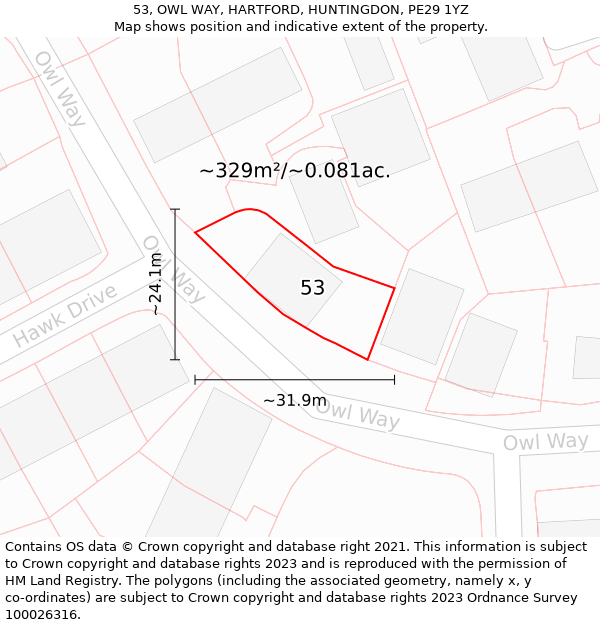 53, OWL WAY, HARTFORD, HUNTINGDON, PE29 1YZ: Plot and title map