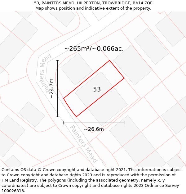 53, PAINTERS MEAD, HILPERTON, TROWBRIDGE, BA14 7QF: Plot and title map