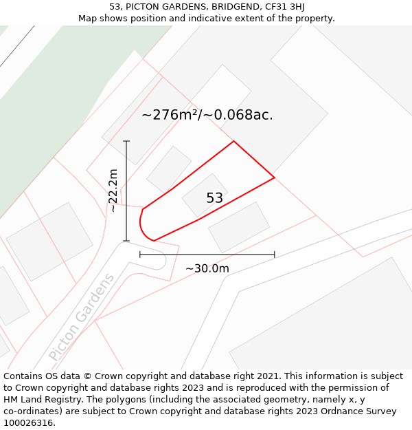 53, PICTON GARDENS, BRIDGEND, CF31 3HJ: Plot and title map